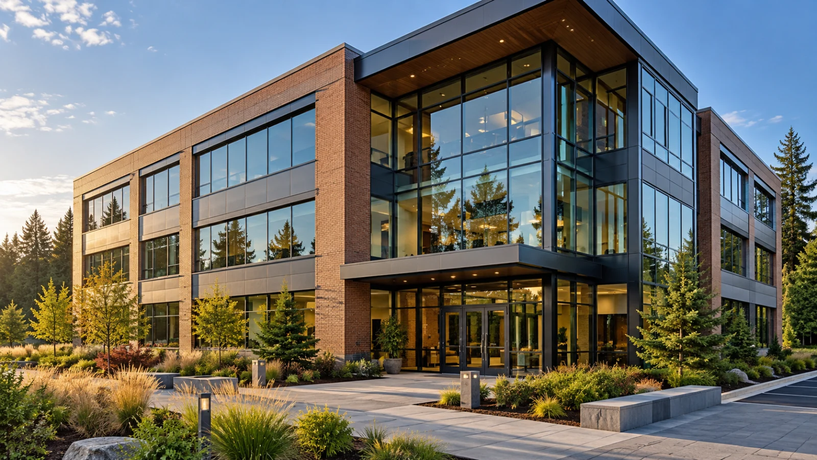 Illustrative contemporary office building with glass windows and landscaped walkways