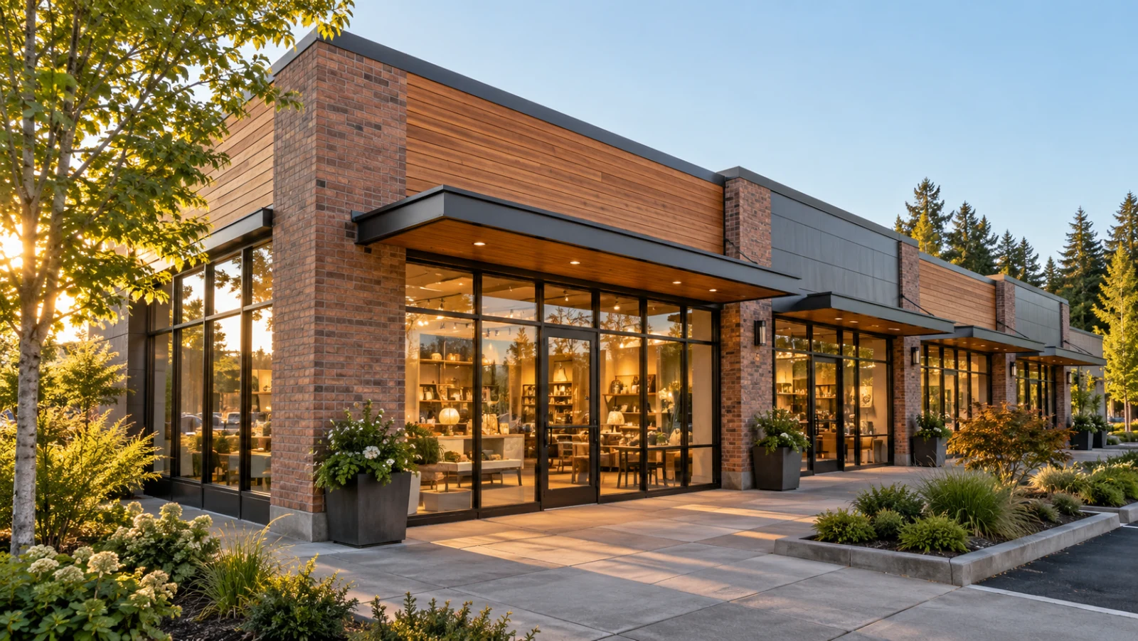 Illustrative neighborhood retail plaza with brick storefronts and landscaped pedestrian space