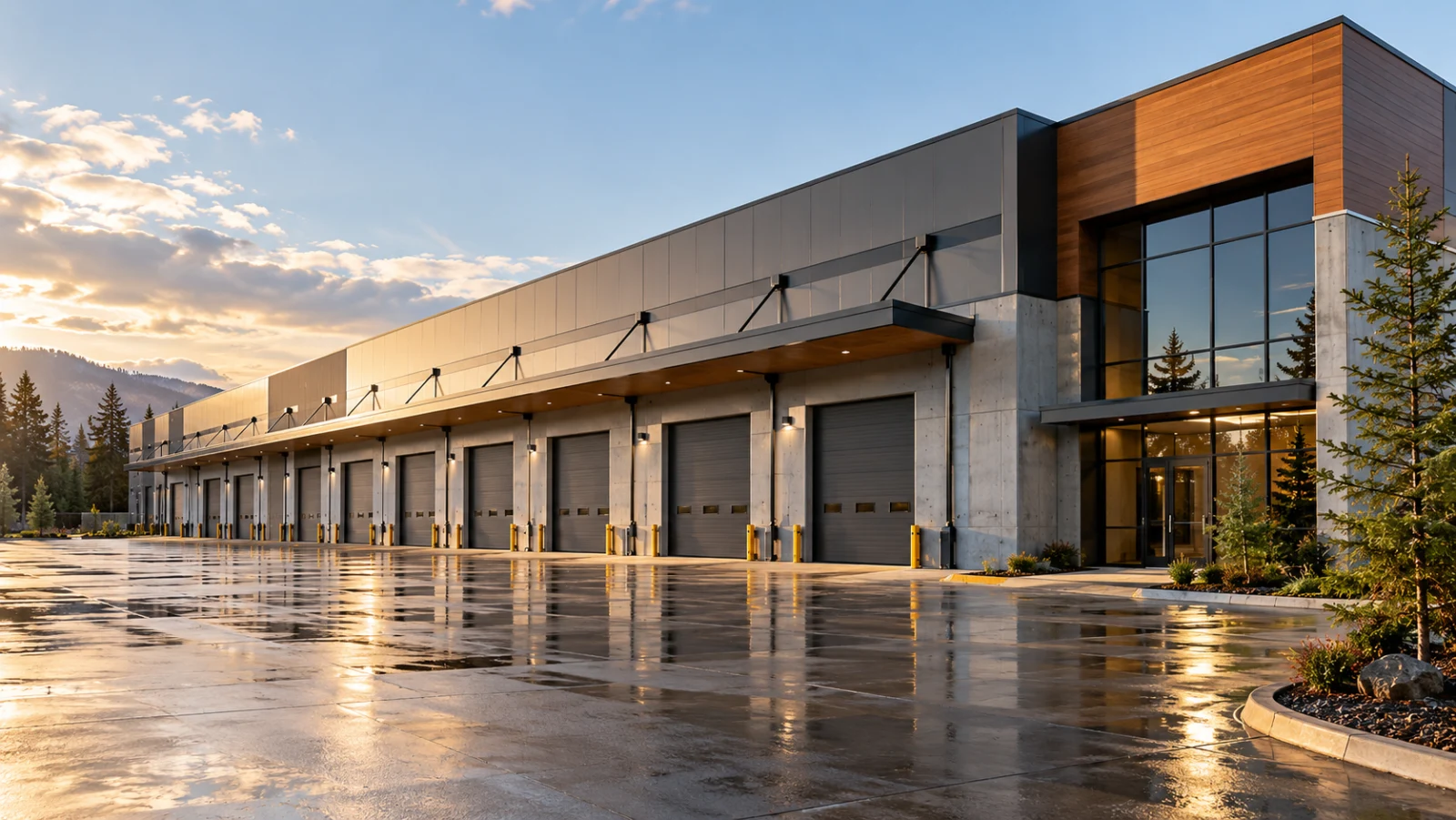 Illustrative modern warehouse with loading bays and a glass-fronted entrance